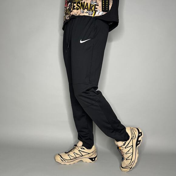 Nike Sweatpants Jet Black Cotton Joggers White Swoosh Dri Fit